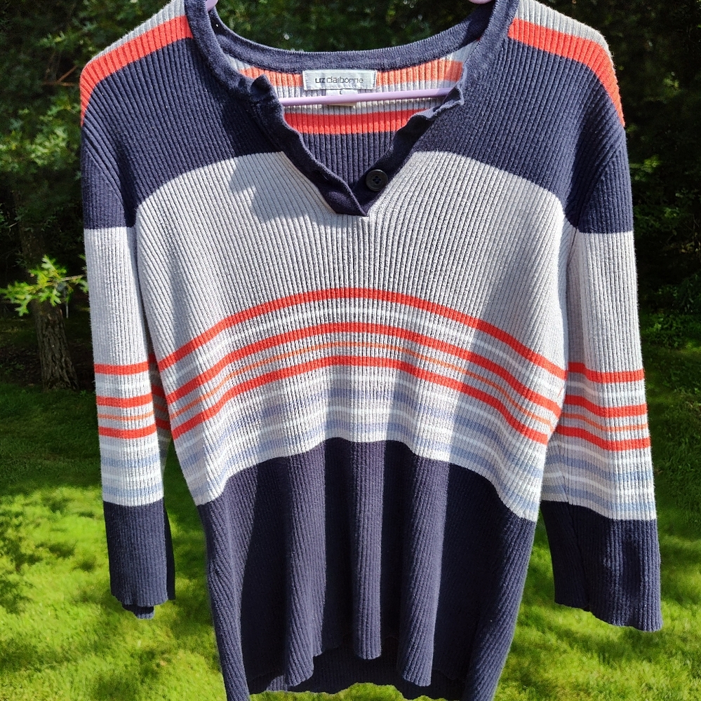 Colorblock Stripe Rib Knit Cotton Henley Top Sweater Liz Claiborne Lg Gray Navy